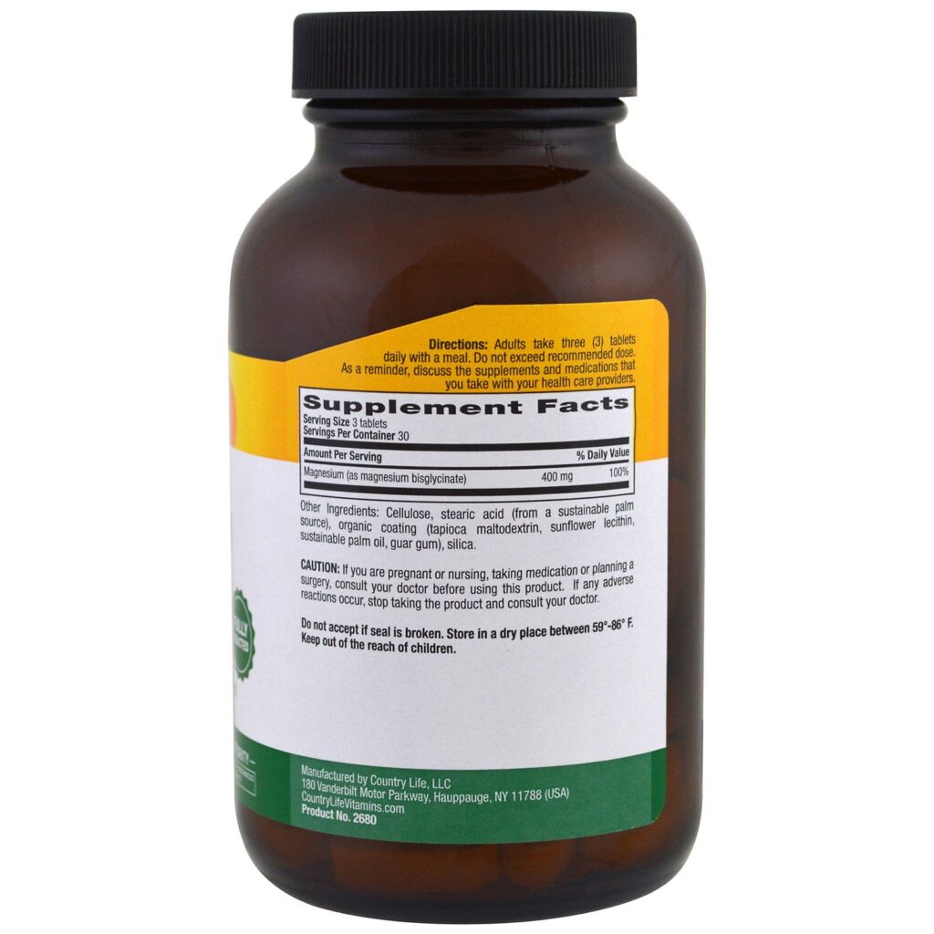 Country Life, Glicinato de Magnésio Quelatado, 400 mg, 90 Comprimidos - Imagem 2