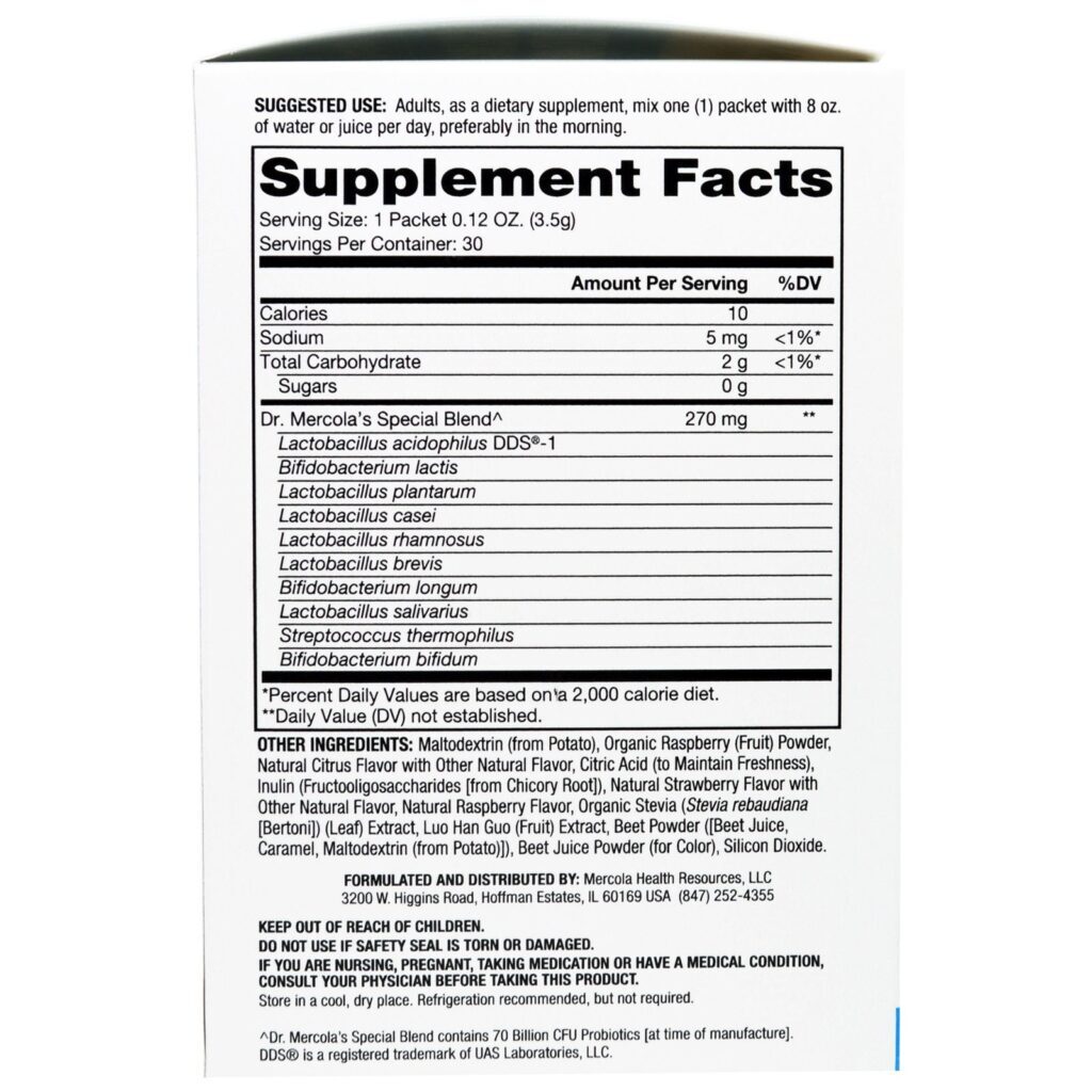 Dr. Mercola, Pacotinhos de Pó Probióticos Completos, Sabor Natural de Framboesa, 30 Pacotinhos, 3,5 g cada - Imagem 2