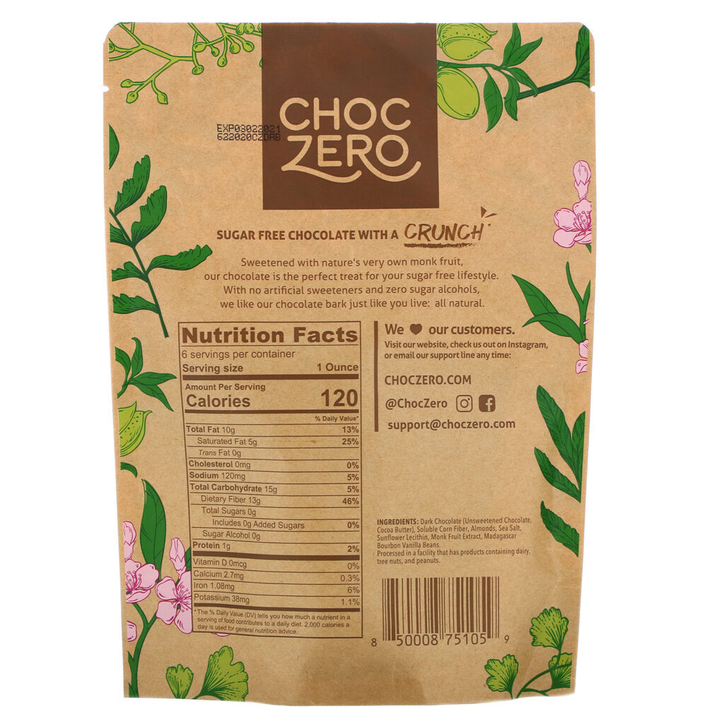 ChocZero, Dark Chocolate with Sea Salt, Almonds, Sugar Free, 6 Bars, 1 oz Each - Imagem 2