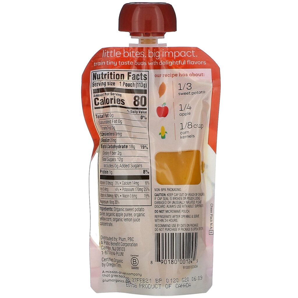 Plum Organics, Organic Baby Food, 6 Months & Up, Sweet Potato, Apple & Corn, 6 Pouches, 4 oz (113 g) Each - Imagem 3