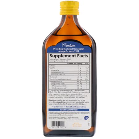 Carlson Labs, Norueguês, O Melhor Óleo de Peixe, Sabor Natural de Limão, 1.600 mg, 500 ml (16,9 fl oz) - Image 2