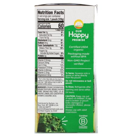 Happy Family Organics, Happy Tot, Stage 4, Love My Veggies, Organic Zucchini, Pears, Chickpeas & Kale, 4 Pouch, 4.22 oz (120 g) Each - Image 2