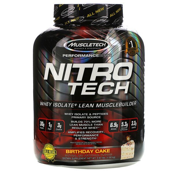 Muscletech, Nitro Tech, Isolado de Whey + Construtor de Massa Magra, Bolo de Aniversário, 3,97 lbs (1,80 kg)