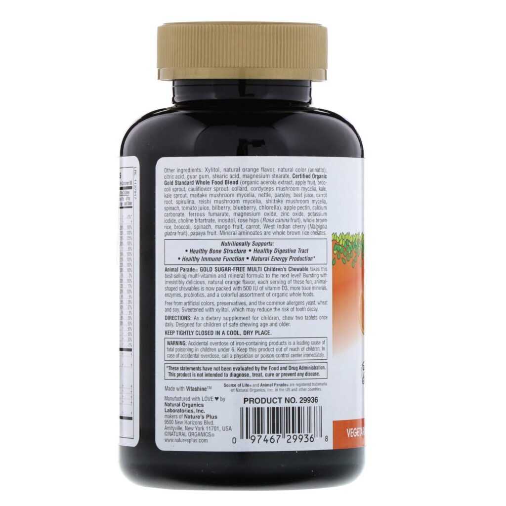 Nature's Plus, Fonte de Vida Desfile Animal, Ouro, Suplemento Multi-vitamínico e Mineral Mastigável para Crianças, Sabor Natural de Laranja 120 Animais - Imagem 3