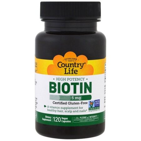 Country Life, Biotina, Alta Potência, 5 mg, 120 Cápsulas Vegetais