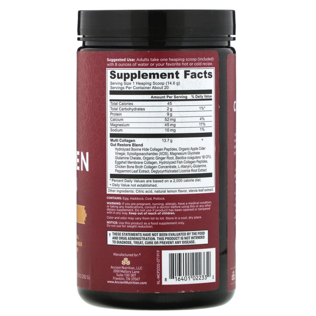 Dr. Axe / Ancient Nutrition, Multi Collagen Protein, Gut Restore, Natural Lemon Ginger, 10.3 oz (292 g) - Imagem 2