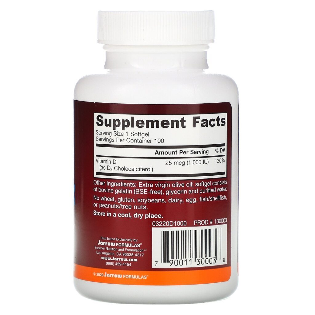 Jarrow Formulas, Vitamin D3, Cholecalciferol, 25 mcg (1,000 IU), 100 Softgels - Imagem 2