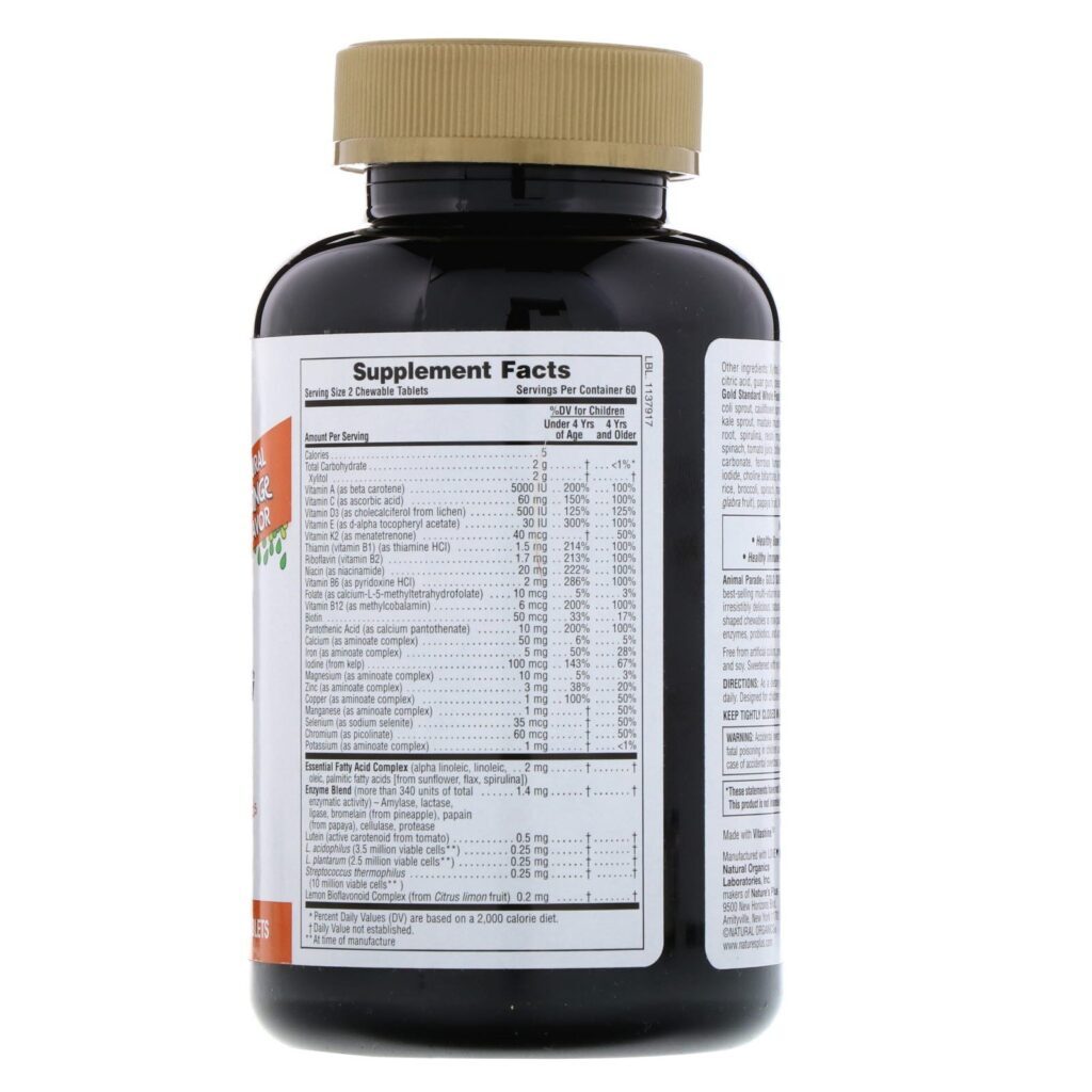 Nature's Plus, Fonte de Vida Desfile Animal, Ouro, Suplemento Multi-vitamínico e Mineral Mastigável para Crianças, Sabor Natural de Laranja 120 Animais - Imagem 2