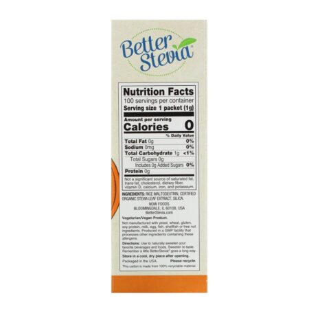 Now Foods, Better Stevia, Zero-Calorie Sweetener, Original, 100 Packets, 3.5 oz (100 g) - Imagem 2