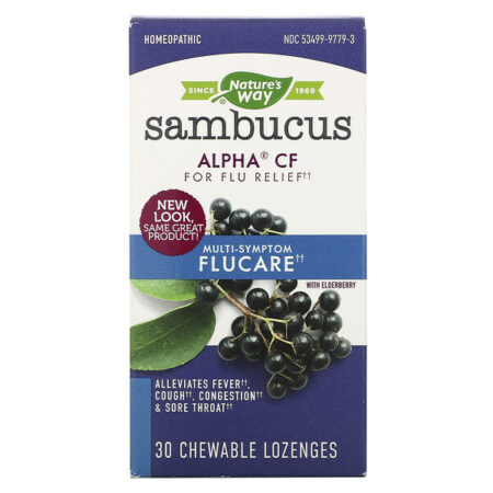 Nature's Way, Sambucus Cuidado de Gripe, Alívio da Gripe com Multi-Sintomas, Pastilhas de Sabugueiro, 30 Tabletes Mastigáveis