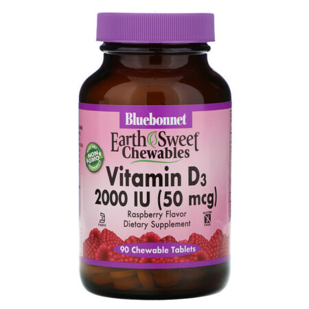 Bluebonnet Nutrition, Mastigáveis EarthSweet, Vitamina D3, Sabor Natural de Framboesa, 2.000 IU, 90 Tabletes Mastigáveis