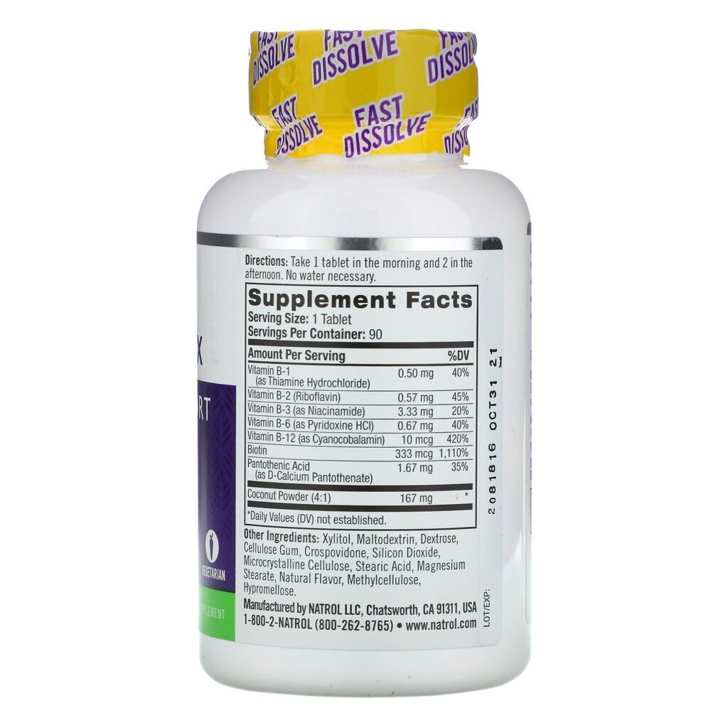 Natrol, Complexo-B, Dissolução Rápida, Sabor Natural de Coco, 90 Comprimidos - Imagem 2