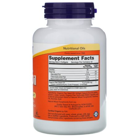 Now Foods, Óleo de Linhaça com alto nível de lignana, Orgânico Certificado, 1000 mg, 120 cápsulas gelatinosas - Image 2