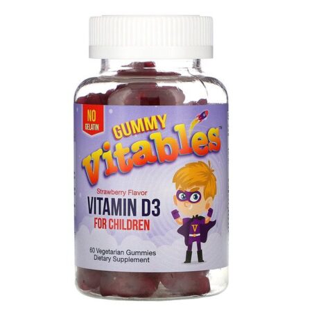 Vitables, Gomas Mastigáveis de Vitamina D3 para Crianças, Sabor Morango, 60 Gomas Vegetarianas