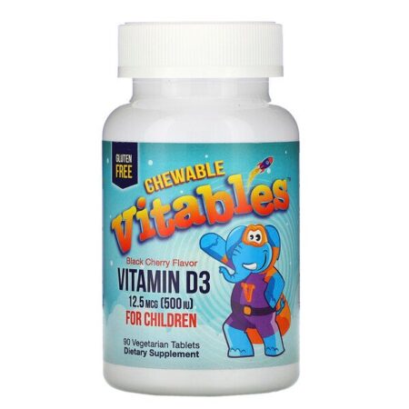 Vitables, Comprimidos Mastigáveis de Vitamina D3 para Crianças, Sabor Cereja Preta, 12,5 mcg (500 UI), 90 Comprimidos Vegetarianos