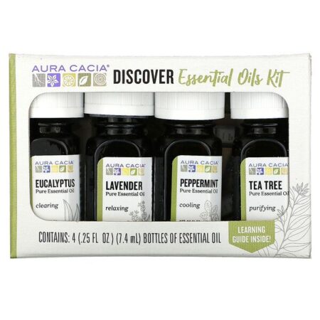 Aura Cacia, Kit de Óleos Essenciais Discover, 4 Frascos, 7,4 ml Cada