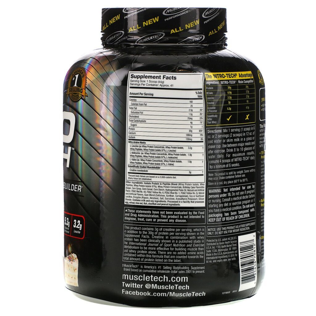 Muscletech, Nitro Tech, Isolado de Whey + Construtor de Massa Magra, Bolo de Aniversário, 3,97 lbs (1,80 kg) - Imagem 2