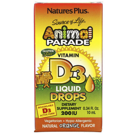 Nature's Plus, Source of Life, Desfile de Animais, Vitamina D3, Gotas Líquidas, Sabor Laranja Natural, 200 UI, frasco de 0,34 oz (10 ml)