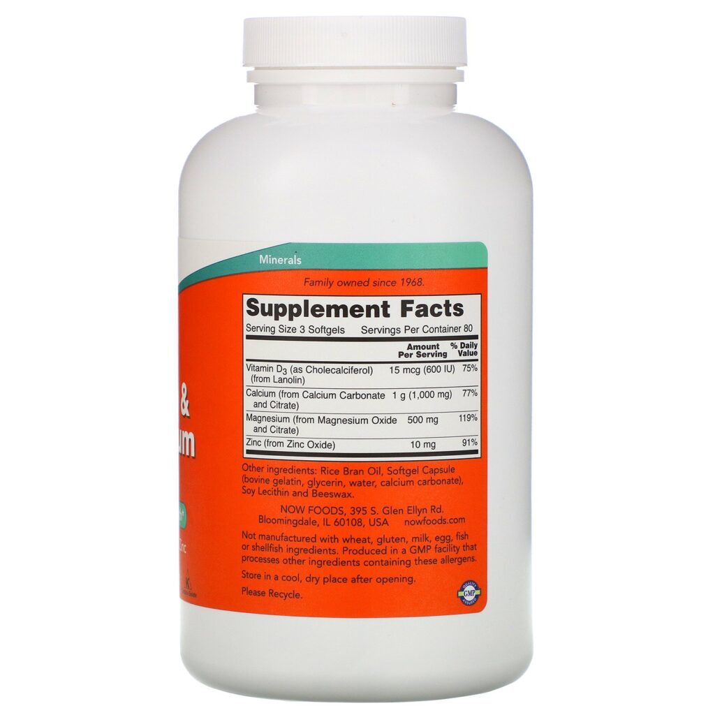 Now Foods, Cálcio e Magnésio, com Vitamina D-3 e Zinco, 240 Cápsulas Softgel - Imagem 2