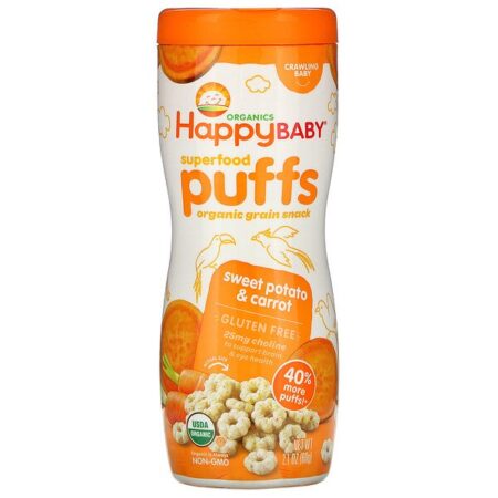 Happy Family Organics, Superfood Puffs Veggie, Fruit &amp; Grain, Batata Doce e Cenoura, 60 g (2,1 oz)