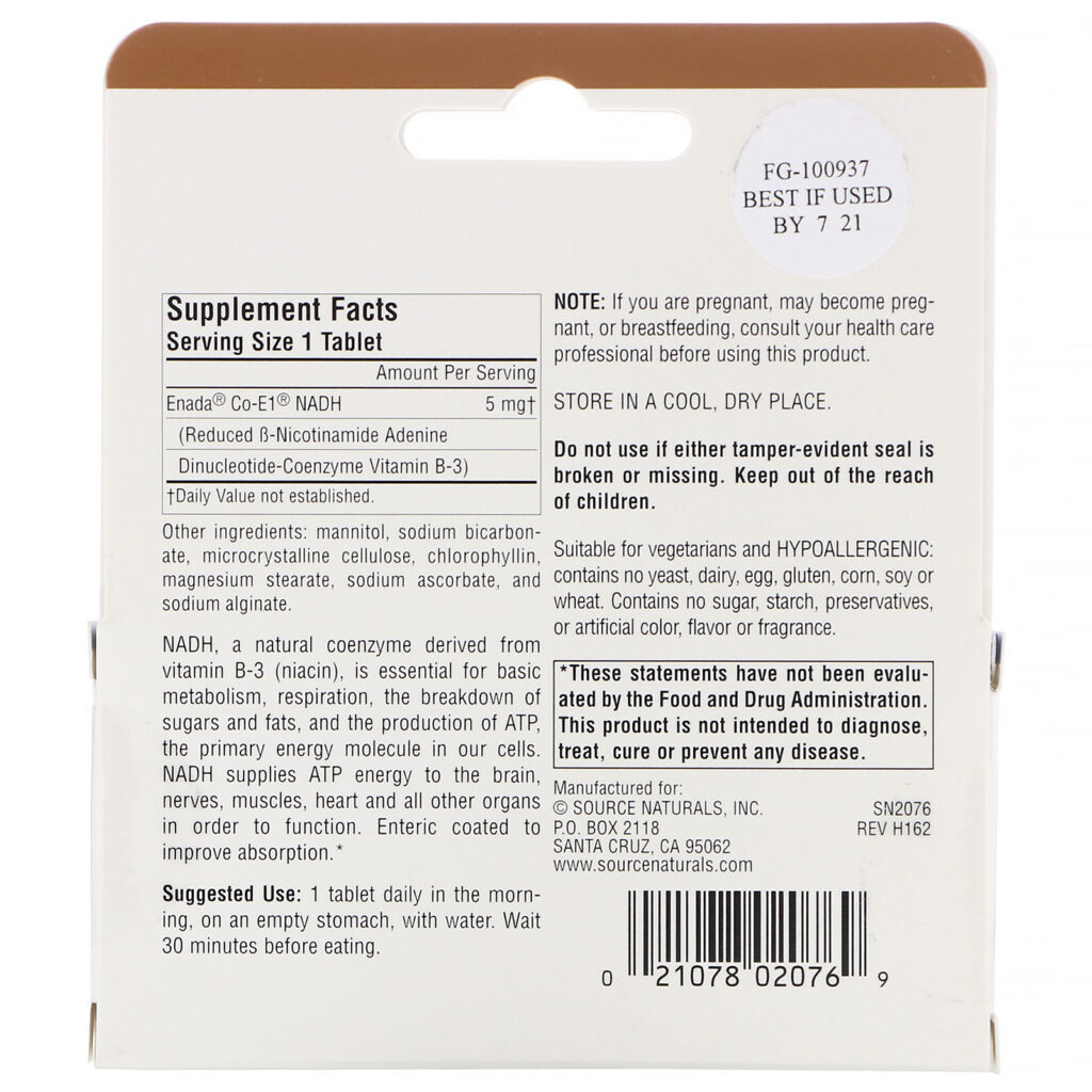 Source Naturals, NADH, Coenzima B-3, 5 mg, 30 Comprimidos - Imagem 2