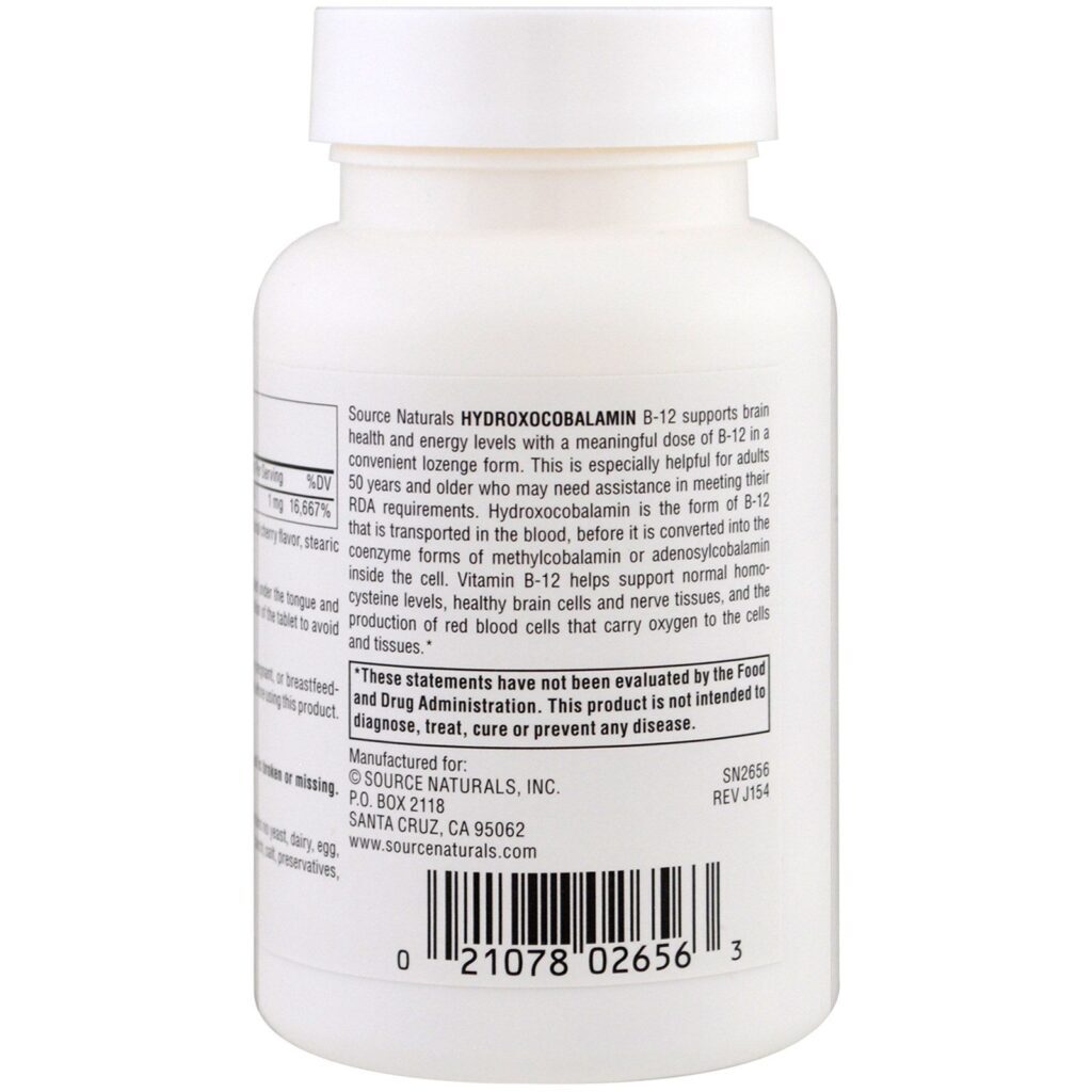 Source Naturals, Hidroxocobalamina, Vitamina B-12, Pastilhas Sabor Cereja, 1 mg, 240 Pastilhas - Imagem 3