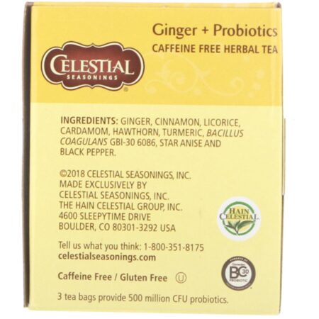 Celestial Seasonings, Chá Herbáceo, Gengibre + Probióticos, Sem Cafeína, 20 Saquinhos de Chá, 1,1 oz (31 g) - Image 2