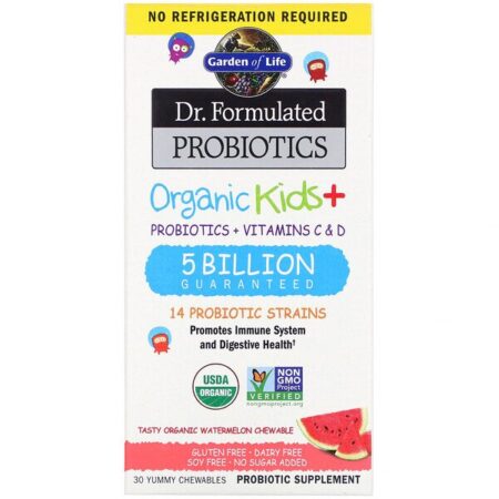 Garden of Life, Dr. Formulated Probiotics, Organic Kids +, Tasty Organic Watermelon, 30 Deliciosos Comprimidos Mastigáveis