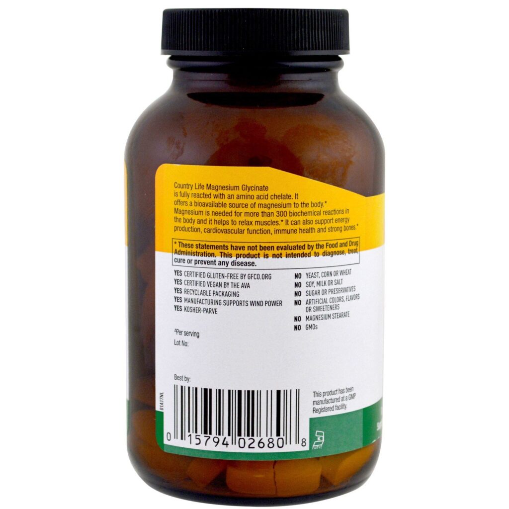 Country Life, Glicinato de Magnésio Quelatado, 400 mg, 90 Comprimidos - Imagem 3