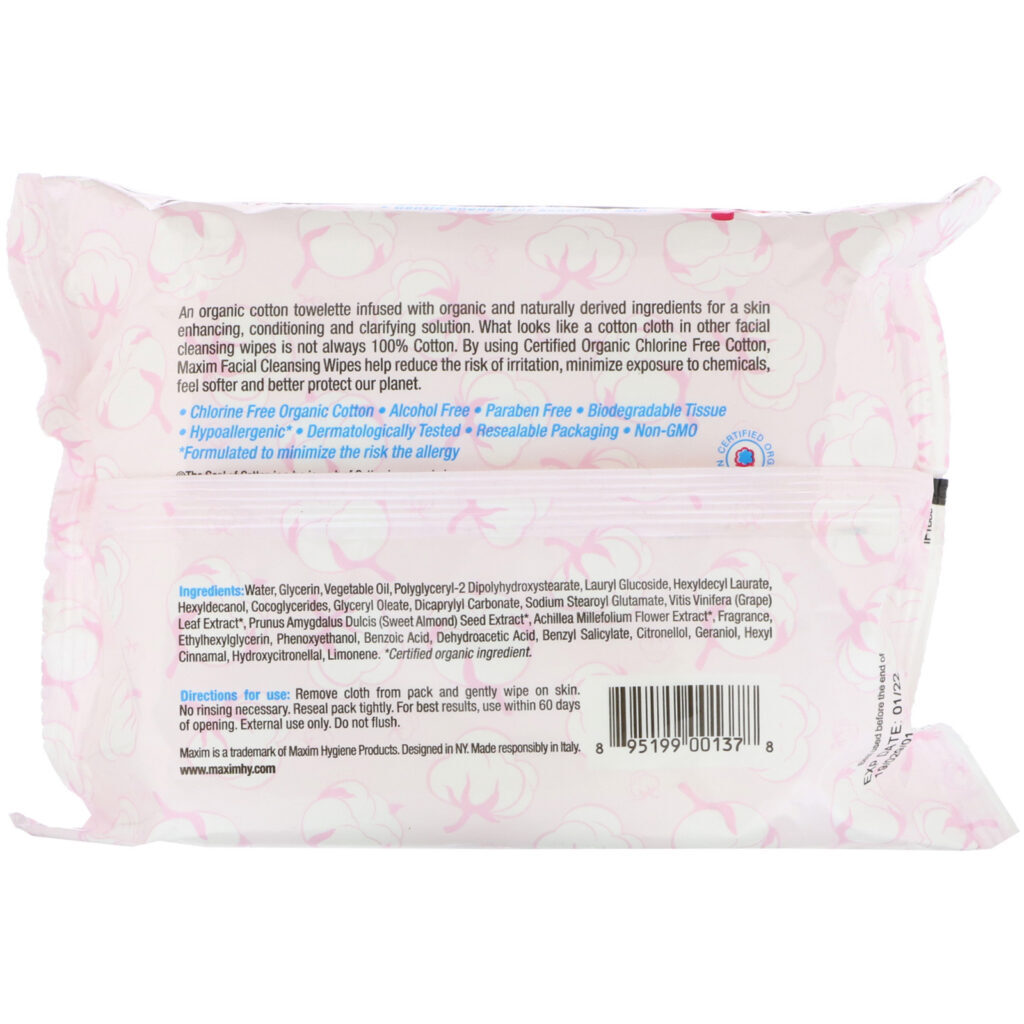 Maxim Hygiene Products, Toalhetes de Rosto de Algodão Orgânico, 30 Toalhetes Úmidos - Imagem 2