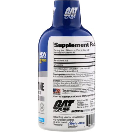 GAT, L-Carnitine, Amino Acid, Blue Raspberry, 3,000 mg, 16 oz (473 ml) - Image 2