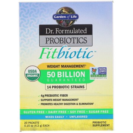 Garden of Life, Orgânico, Dr. Formulated Probiotics Fitbiotic, Sem Sabor, 20 Envelopes, 4,2 g (0,15 oz) Cada