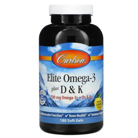 Carlson Labs, Elite Omega-3 Plus D &amp; K, Sabor Natural de Limão, 180 Cápsulas Softgel