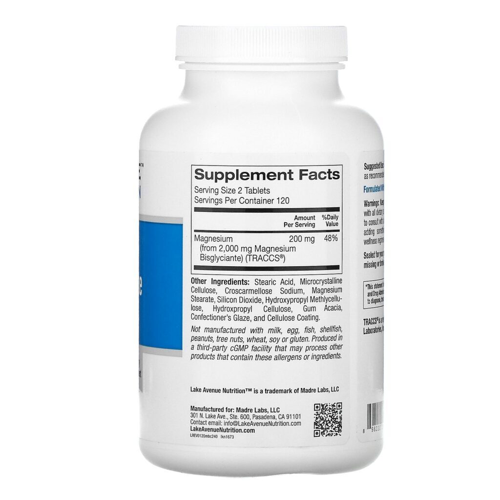 Lake Avenue Nutrition, Bisglicinato de Magnésio, 200 mg por Dose, 240 Comprimidos - Imagem 2