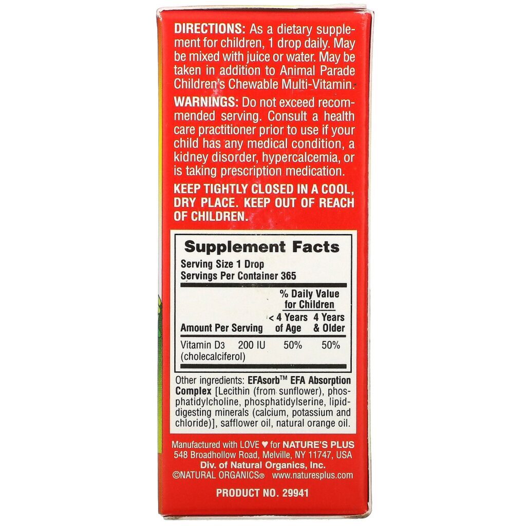 Nature's Plus, Source of Life, Desfile de Animais, Vitamina D3, Gotas Líquidas, Sabor Laranja Natural, 200 UI, frasco de 0,34 oz (10 ml) - Imagem 2