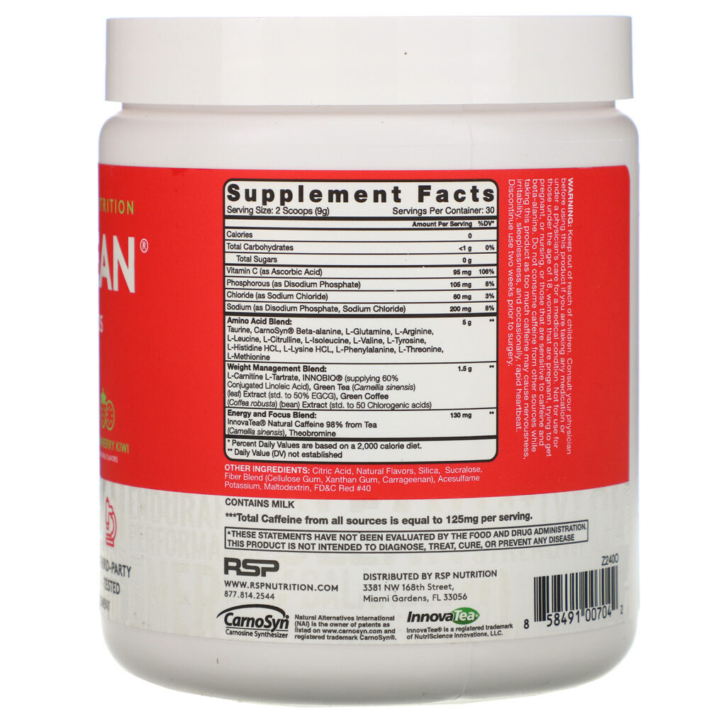 RSP Nutrition, AminoLean, Morango e Kiwi, 270 g (9,52 oz) - Imagem 2