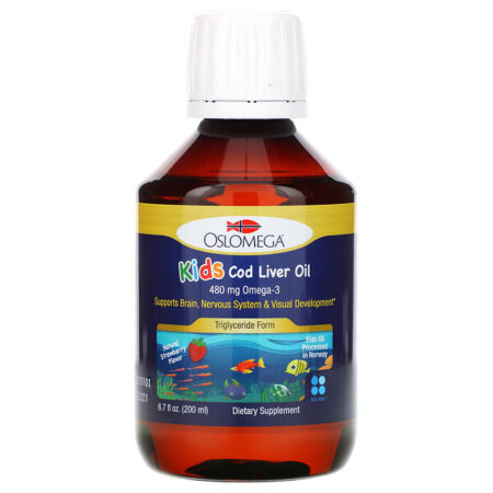 Oslomega, Óleo de Fígado de Bacalhau Norueguês para Crianças, Sabor Natural de Morango, 480 mg, 200 ml (6,7 fl oz)