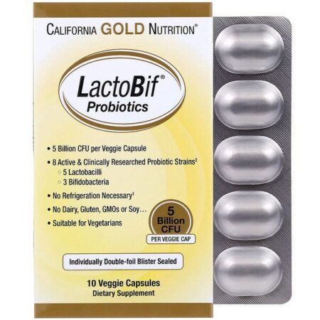 California Gold Nutrition, Probióticos LactoBif, 5 Bilhões de UFCs, 10 Cápsulas Vegetais