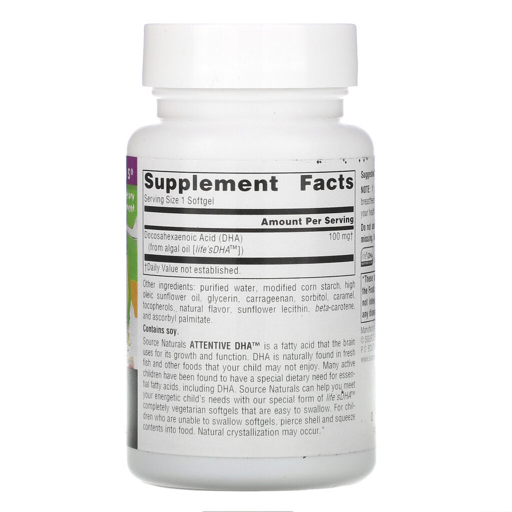 Source Naturals, Attentive DHA, 100 mg, 60 Vegetarian Softgels - Imagem 2