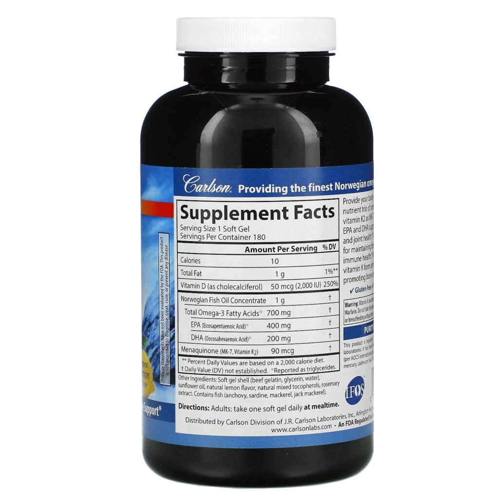 Carlson Labs, Elite Omega-3 Plus D & K, Sabor Natural de Limão, 180 Cápsulas Softgel - Imagem 2