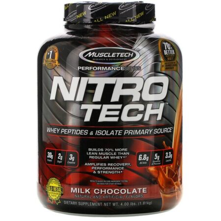 Muscletech, NitroTech, Fonte Principal de Peptídeos de Soro de Leite e Isolados, Chocolate ao Leite, 4,00 lbs (1,81 kg)