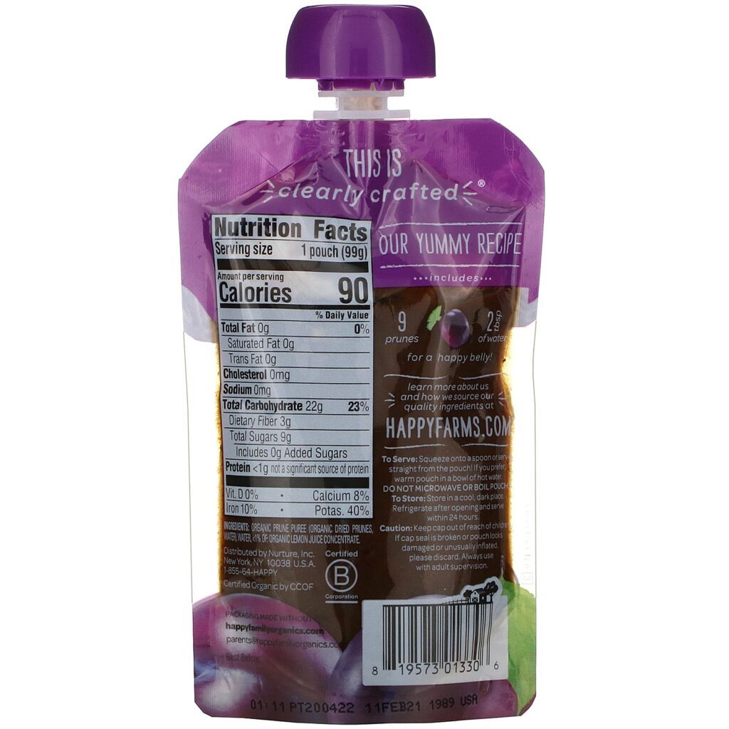 Happy Family Organics, Organic Baby Food, Stage 1, Clearly Crafted, Prunes, 4 + Months, 3.5 oz (99 g) - Imagem 2