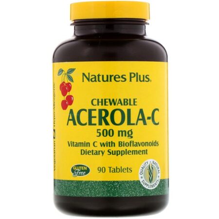 Nature's Plus, Acerola-C, Vitamina C com Bioflavonoides, 500 mg, 90 Comprimidos Mastigáveis