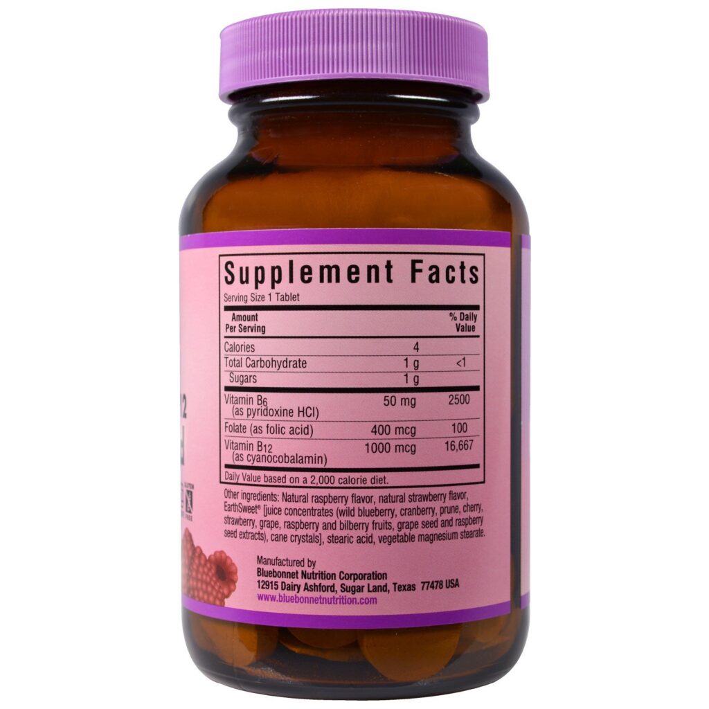 Bluebonnet Nutrition, EarthSweet, Vitamin B-6, B-12 Plus Folic Acid, Raspberry, 60 Chewable Tablets - Imagem 2