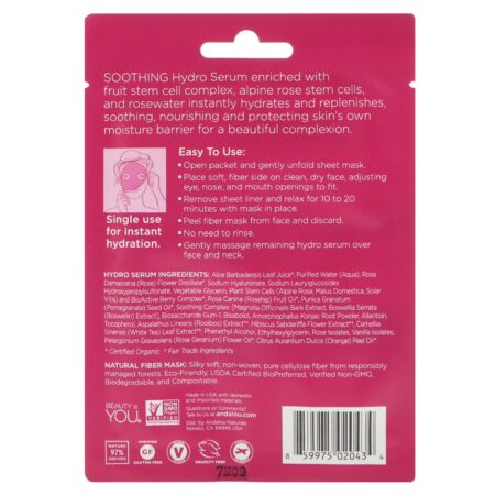 Andalou Naturals, Hidratação Instantânea, Máscara Facial com Sérum Hidratante, Máscara de Folha Fibrosa de Uso Único, 0,6 oz fl (18 ml) - Image 2