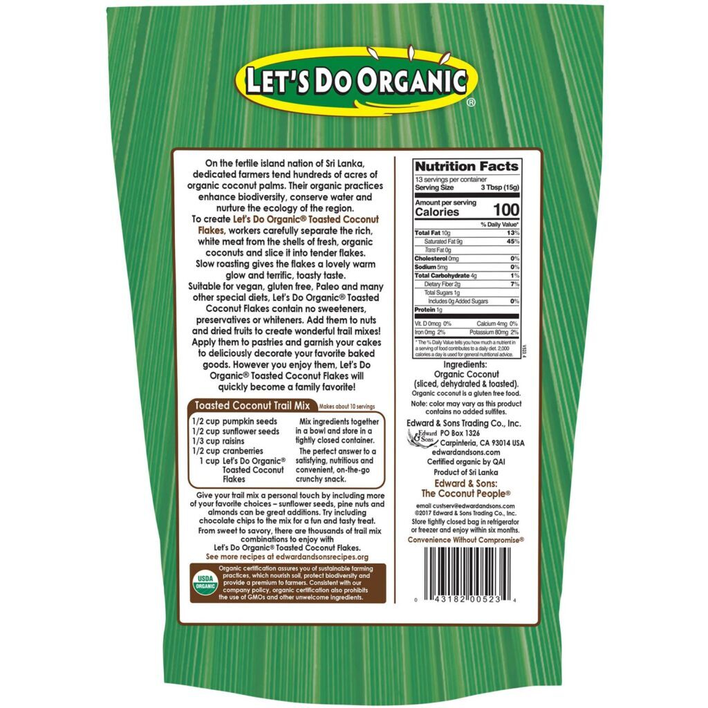 Edward & Sons, Let's Do Organic, Flocos de Coco Torrado Não Adiçados 100% Orgânicos, 7 oz (200 g) - Imagem 2