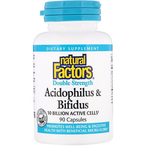Natural Factors, Acidophilus e bifidus, força dupla, 10 bilhões de células ativas, 90 cápsulas