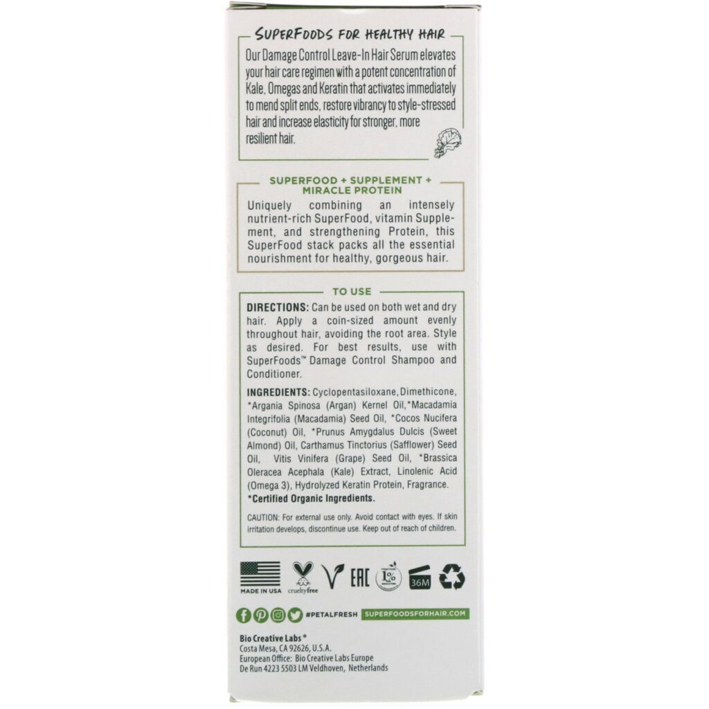 Petal Fresh, Pure, SuperFoods for Hair, Damage Control Leave-In Hair Serum, Kale, Omega 3 & Keratin, 2 fl oz (60 ml) - Imagem 3