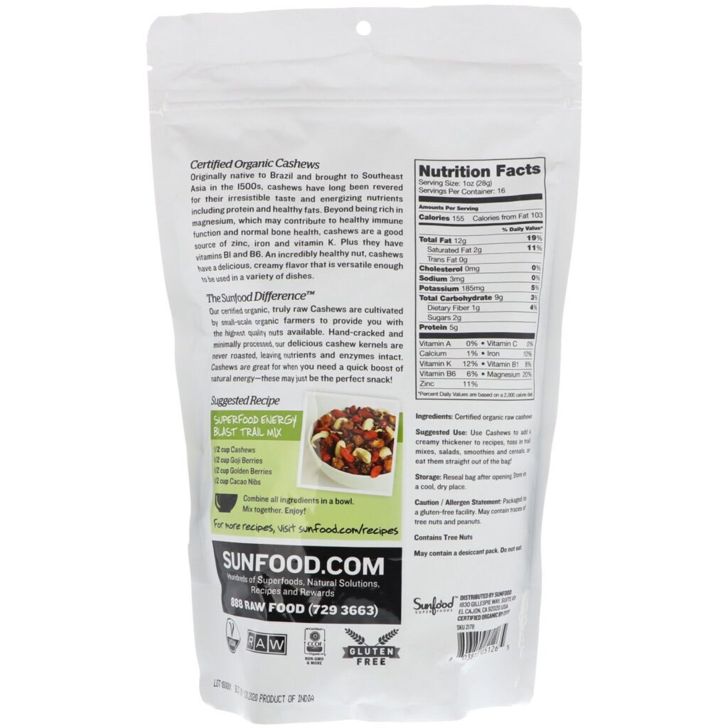Sunfood, Cajus orgânicos crus inteiros, 1 lb (454 g) - Imagem 2