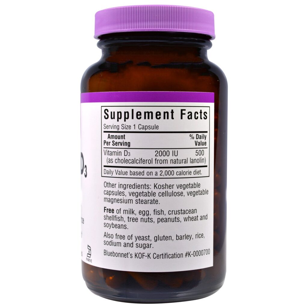 Bluebonnet Nutrition, Vitamin D3, 2,000 IU, 180 Vegetable Capsules - Imagem 2